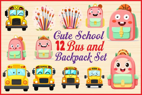 Cute School Bus Backpack Clipart Set for Crafts & Graphics